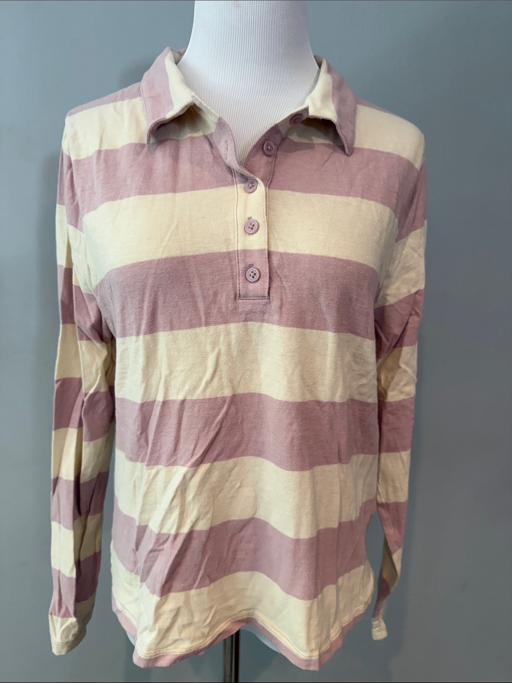 Jcrew Striped Long-Sleeve Polo Top in Cream & Dusty purple - XL